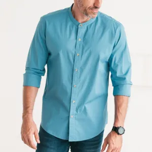 Essential Band Collar Button Down Shirt - Steel Blue Cotton Stretch Poplin